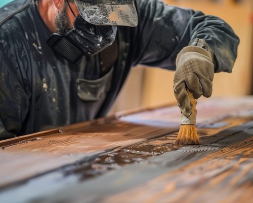 arafed-man-black-shirt-hat-is-painting-wooden-table-generative-ai